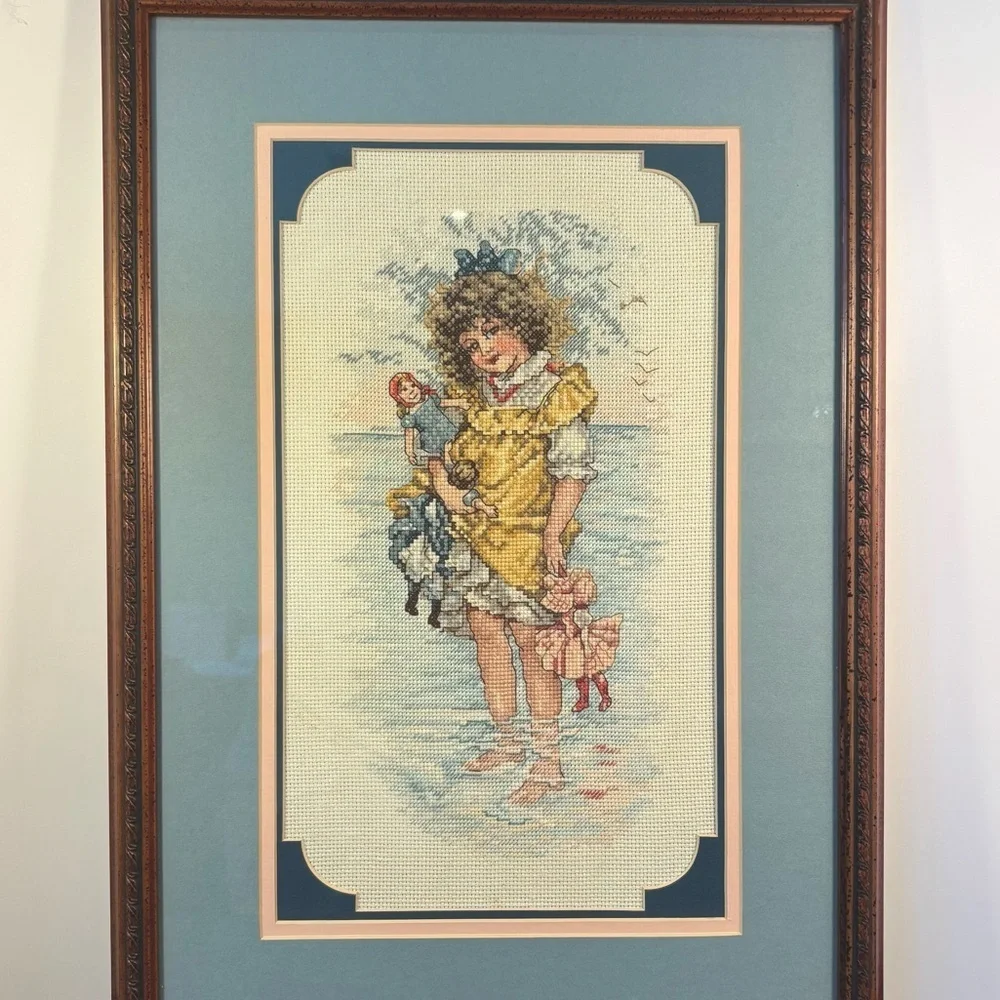 Handmaid Seaside Framed 21x14”Cross Stitch Girl w/ Dolls Beach Scene Vintage